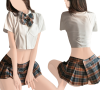 Sexy blue schoolgirl costume (skirt, blouse, g-string)